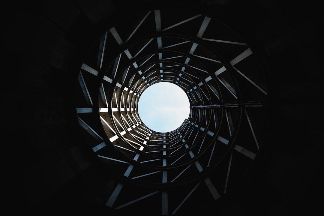 spiral parking garage seen from below