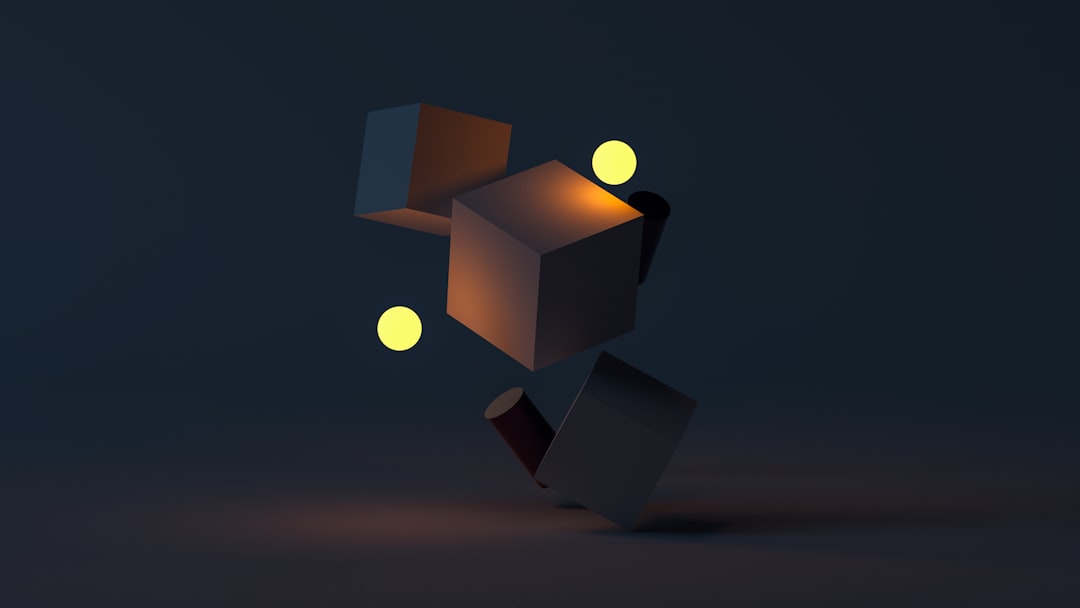floating cubes and glowing yellow spheres