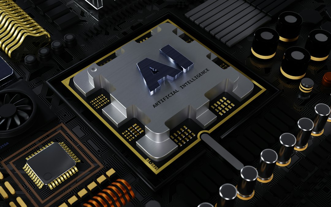 A central computer processor chip with AI lettering on a black circuit board