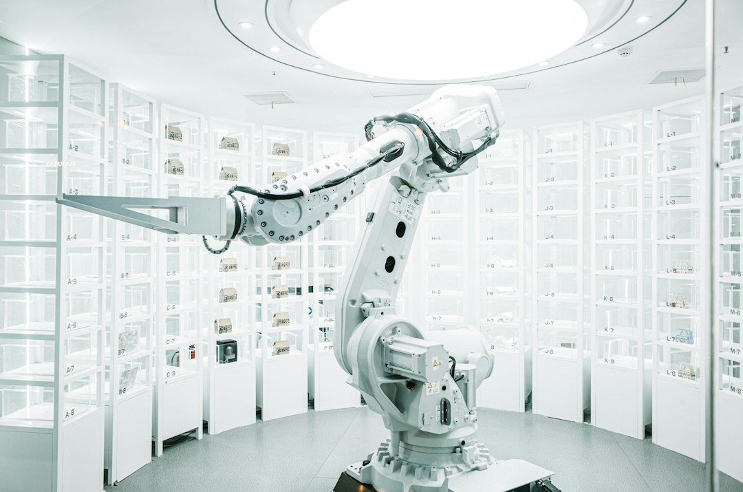 white robotic arm in display showroom
